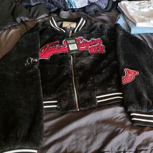 True Religion Women's 3XL Plus Sherpa Varsity Bomber Jacket Fuzzy Logo Coat New